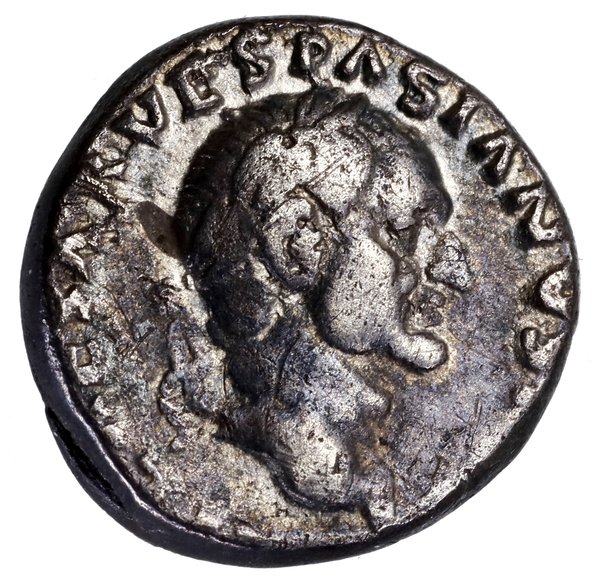 Denar, 70, Rzym; Aw: Głowa cesarza w wieńcu laur