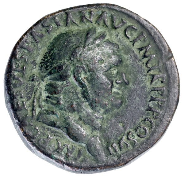Sestercja, 76, Rzym; Aw: Głowa cesarza w wieńcu 