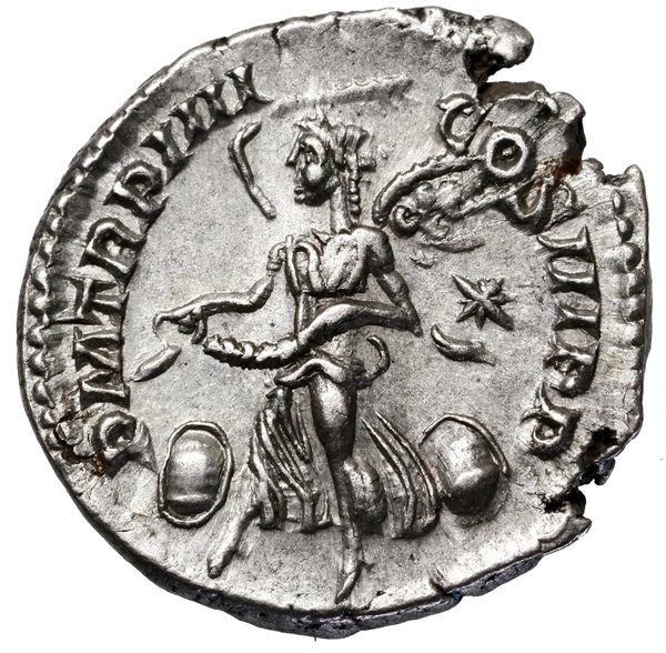 Denar, 221, Rzym; Aw: Popiersie cesarza w wieńcu