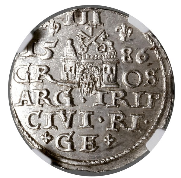 Trojak, 1586, Ryga; mała głowa króla, na awersie