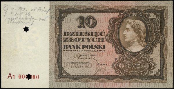 Próba kolorystyczna banknotu 10 złotych, emisji 2.01.1928