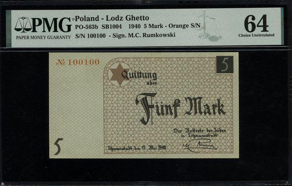 5 marek, 15.05.1940; numeracja 100100 w kolorze 
