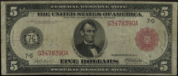 Chicago; 5 dolarów, 1914; numeracja G3478390A, p