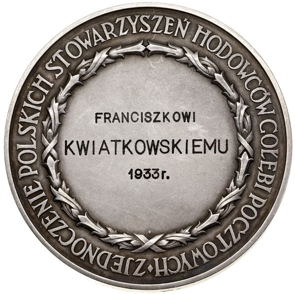 Medal nagrodowy za hodowlę gołębi, 1929, projektu Józefa Aumillera, Warszawa