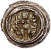 Brakteat, XIII w.; Ukoronowana postać, siedząca na tronie, trzymająca laskę liliową i podwójne jab..
