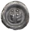 Brakteat (być może naśladownictwo (?)), XIII–XIV w.; Laska krzyżowa, z prawej półksiężyc rogami sk..