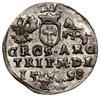 Trojak, 1598, Wilno; u dołu głowa wołu i herb Chalecki, mniejsze popiersie władcy z rurkowatą kryz..