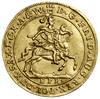 Dukat, 1702, Lipsk; Aw: Król na koniu w zbroi i hełmie zdobionym kitą, trzymający buławę w ręku, w..