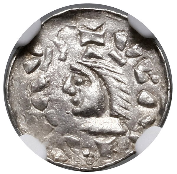 Denar, 1081–1102, Kraków; Aw: Głowa władcy w lew