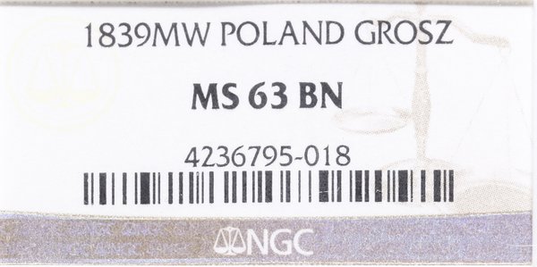 1 grosz, 1839 MW, Warszawa; bez kropki po słowie