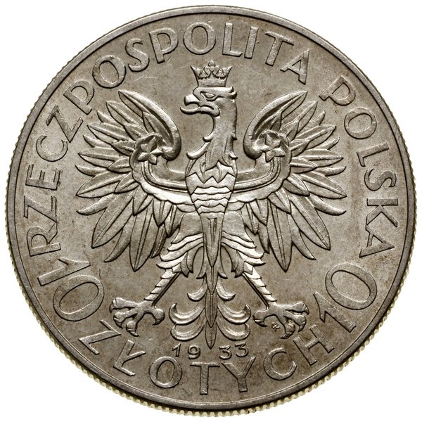 10 złotych, 1933, Warszawa; głowa kobiety w czep