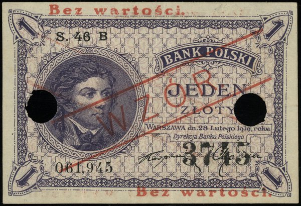 1 złoty, 28.02.1919; czerwony nadruk Bez wartośc