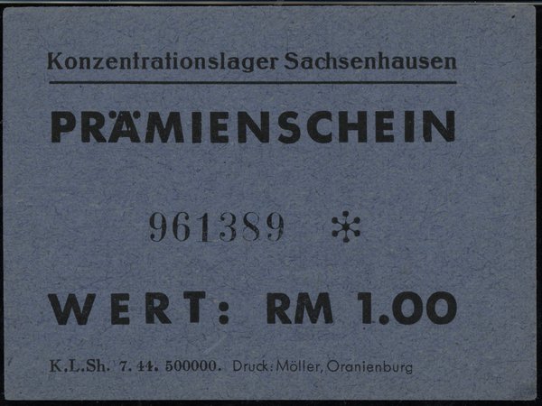 Bon na 1 markę, (1944); numeracja 961389 ✻, papi