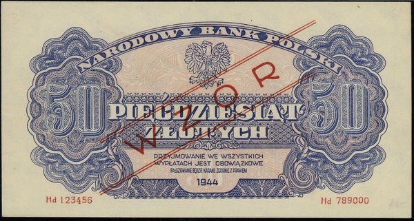 50 złotych, 1944; w klauzuli OBOWIĄZKOWE, czerwo