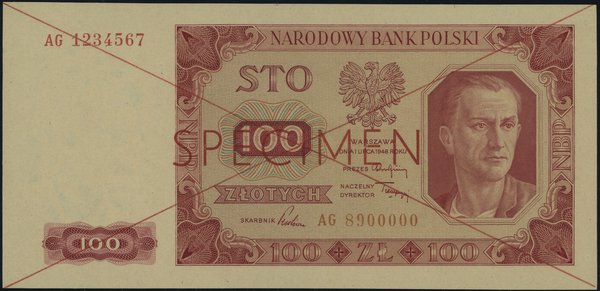 100 złotych, 1.07.1948; czerwone dwukrotne przek