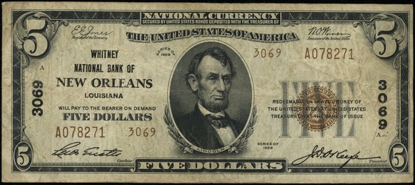 5 dolarów, 1929; seria A078271 (3069), brązowa p