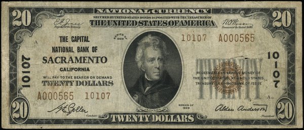 20 dolarów, 1929; seria A000565 (10107), brązowa