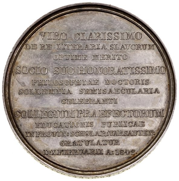 Medal wybity w uznaniu zasług Samuela Bogumiła Lindego, 1842, Warszawa, projektu Józefa Majnerta