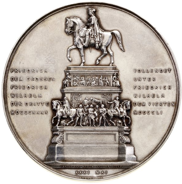 Medal na pamiątkę odsłonięcia pomnika konnego Fryderyka Wielkiego, 1851, projektu Friedricha Wilhelma Kullricha, Aw: Fryderyk Wielki na koniu w prawo, Rw: Pomnik konny Fryderyka Wielkiego, z lewej FRIEDRICH / DER GROSSEN / FRIEDRICH / WILHELM / DER DRITTE / MDCCCXXX, z prawej VOLLENDET / UNTER / FRIEDRICH / WILHELM / DEM VIERTEN / MDCCCLI, na podstawie CHRISTIAN RAUCH INV. ET SCULP., niżej XXXI MAI, przy krawędzi sygnatura KULLRICH F.