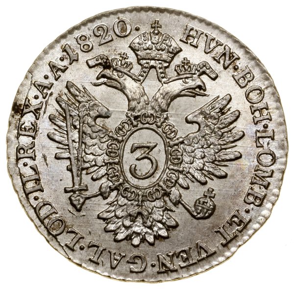 3 krajcary, 1820 B, Kremnica; Herinek 982, KM 21
