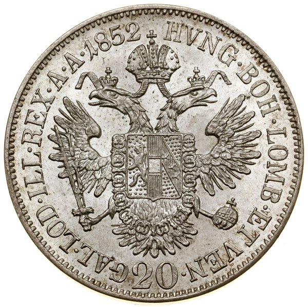 20 krajcarów, 1852 A, Wiedeń; głowa władcy w lew
