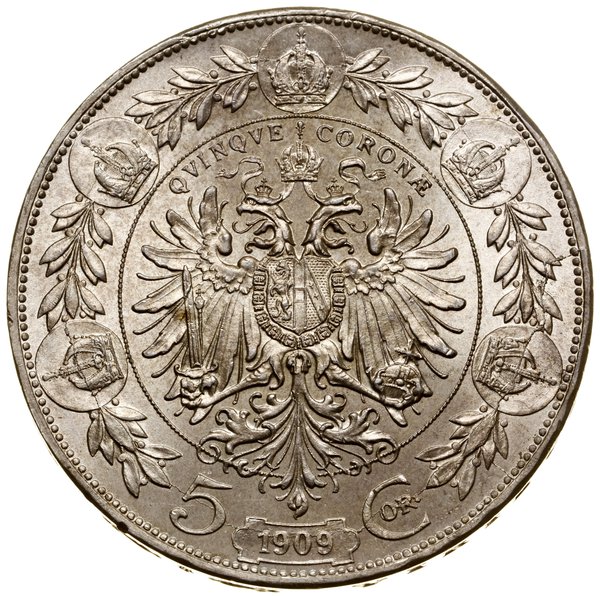 5 koron, 1909, Wiedeń; awers autorstwa St. Schwa