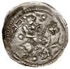 Denar, bez daty (1236–1248); Aw: Postać na koniu, w prawo, trzymająca proporzec, wokół trzy kulki;..