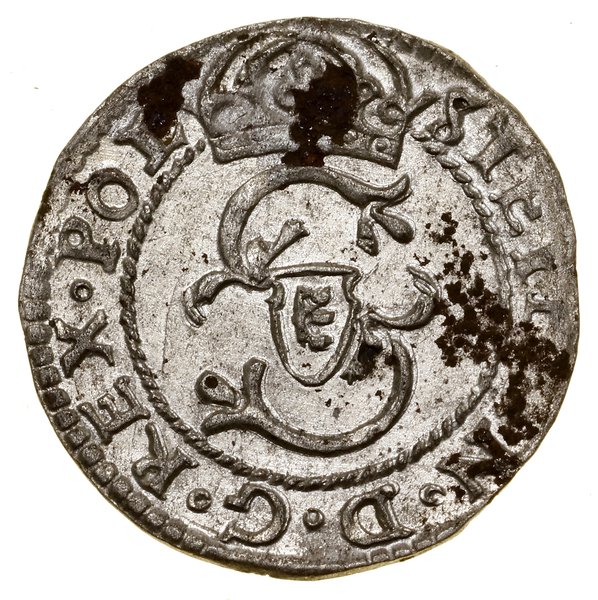 Szeląg, 1581, Wilno; udekorowany monogram królew