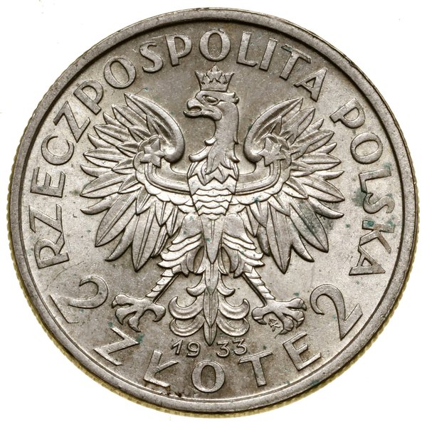 2 złote, 1933, Warszawa; głowa kobiety w czepcu;