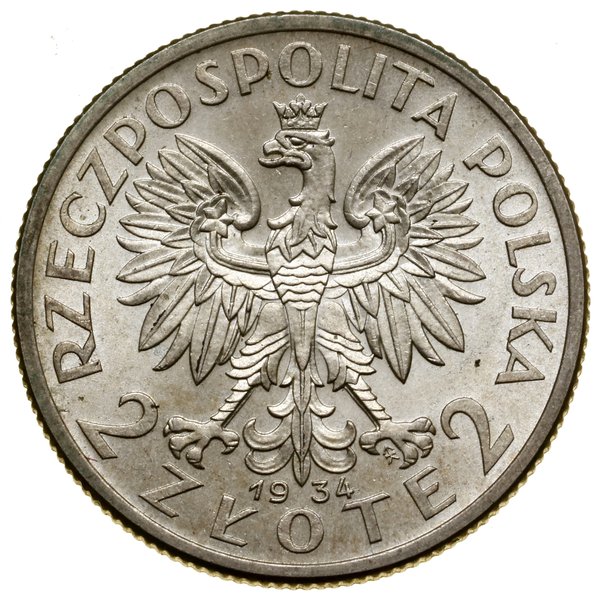 2 złote, 1934, Warszawa; głowa kobiety w czepcu;