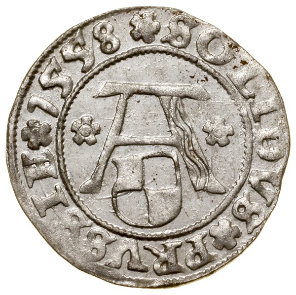 Szeląg, 1558, Królewiec; w legendzie awersu ALBE