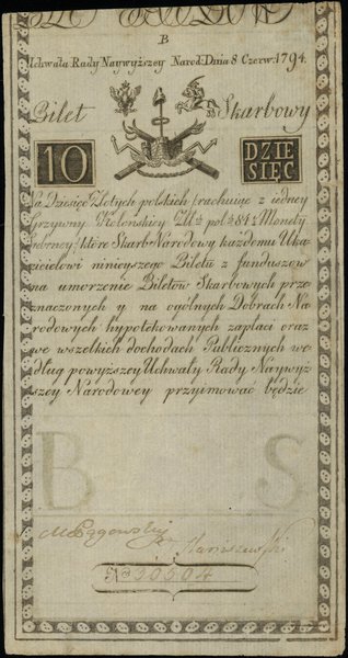 10 złotych, 8.06.1794; seria B, numeracja 30504,
