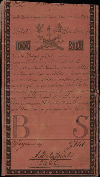 100 złotych, 8.06.1794; seria A, numeracja 2460,