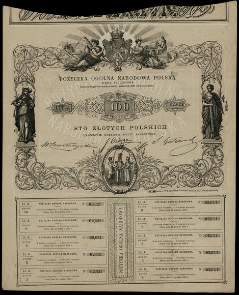 Pożyczka Ogólna Narodowa Polska 5% na kwotę 100 złotych polskich 10.10.1863