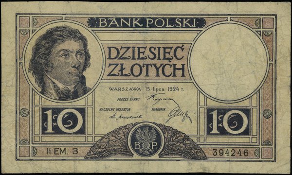 10 złotych, 15.07.1924; II Emisja, seria B, nume