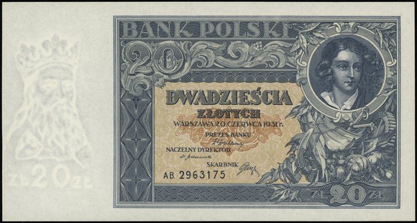 20 złotych, 20.06.1931; seria AB (małą czcionką)