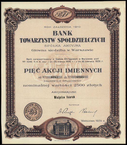 5 akcji imiennych po 500 złotych = 2.500 złotych, 1929, Warszawa