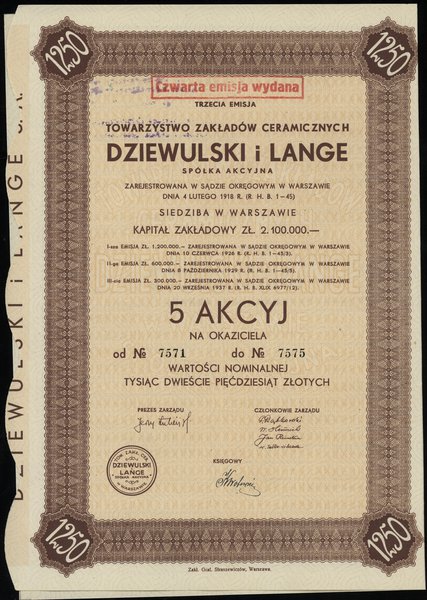 5 akcji na okaziciela o wartości 1.250 złotych, 1937, Warszawa