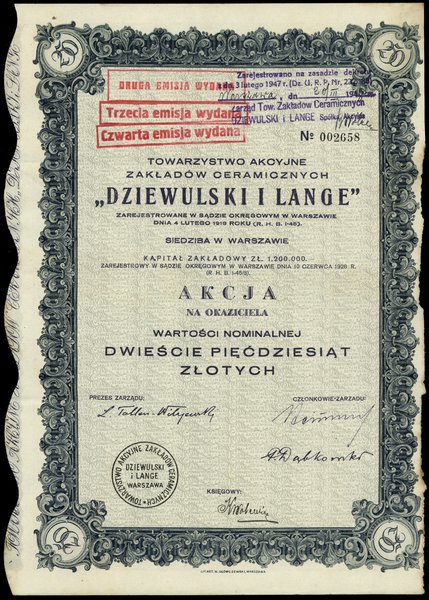 Akcja na okaziciela o wartości 250 złotych, 1926, Warszawa