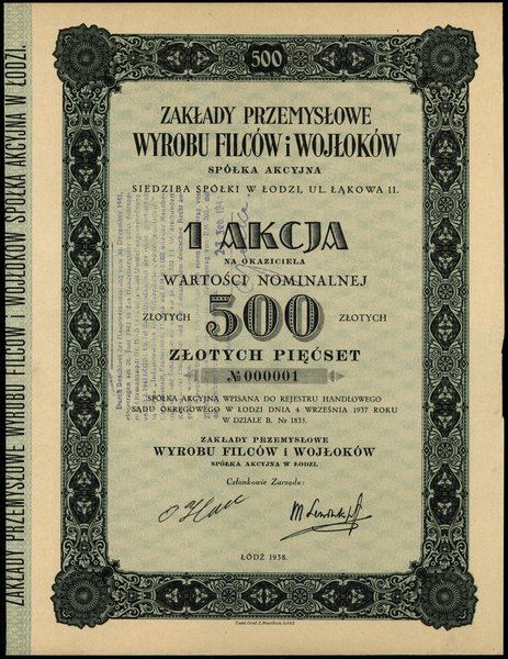 Akcja na okaziciela o wartości 500 złotych, 1938, Łódź