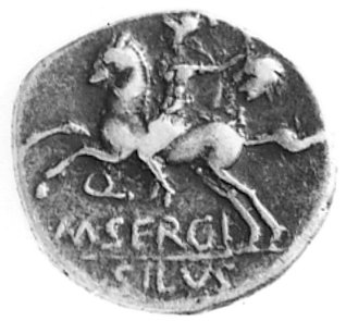 Sergia, M. Sergius Silus (około 116-115), denar, Aw: Głowa Romy w prawo, z lewej napis ROMA i X,Aw: Jeździec galopujący w lewo, niżej napis: M. SERGI SILVS, Seaby 1, Craw. 286/1, 3,81 g.