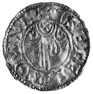 denar, Aw: Popiersie z krzyżem, w otoku napis AEDELRED REX ANGLOX, Rw: Ręka błogosławiąca,w otoku napis, Seaby 1147 (wycena 500 funtów- bardzo rzadki), 1,6 g.