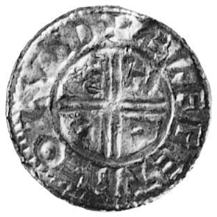 denar, Aw: Popiersie w lewo, w otoku napis: EDELRED REX ANGLOI, Rw: Podwójny krzyż, w polu napisCRVX, w otoku: ELEGET MO LVND, Seaby 1148, 1,35 g.