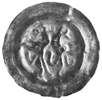 brakteat, Morawy, dwa stojące lwy zwrócone do siebie grzbietami, C.944 (podobny ale bez krzyża) unikat ?,0,61 g.