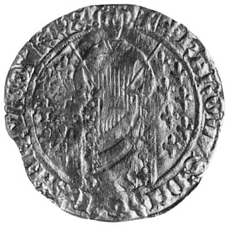 Karol VII 1422-1461, ecu d’or, Aw: Stojący król z dwoma berłami na tle lilii, napis: KAROLVS DEIGRATIE..FR...REX, Rw: Gotycka rozeta z krzyżem i liliami w polu, w otoku napis: XPC VIMCIT XPCREGNAT XPC IHPERAT, Duplessy 455B, 3,6 g