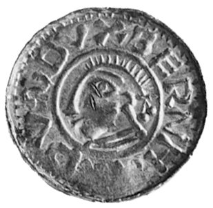 Bernhard I 973-1011, denar, Aw: Głowa w lewo, w otoku napis: BERNHARDVS DVX, Rw: Mały krzyż,w otoku napis: IN NOMINE DNIAM+, Dbg. 585, Bonhoff 60, 1,25 g.