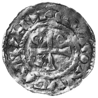 Henryk II Zgodny 955-976, Aw: Krzyż, w polu kulka, strzałka i napis: HVI..NVCIVH., Rw: Kapliczka, wokółnapis: ..IH..NVS, Hahn 78a3, 1,6 g.