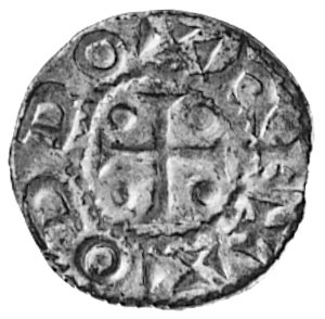 cesarz Otto III 983-1002, denar, Aw: Krzyż, w polu cztery kulki, w otoku napis: ODDO REX, Rw: Napisw dwóch wierszach THERT+MANH, Dbg.743, 0,96 g.