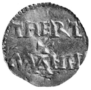cesarz Otto III 983-1002, denar, Aw: Krzyż, w polu cztery kulki, w otoku napis: ODDO REX, Rw: Napisw dwóch wierszach THERT+MANH, Dbg.743, 0,96 g.