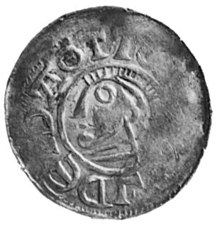 Otto III i Adelajda, Aw: Głowa, w otoku napis: OTTO..LOEIDA, Rw: Krzyż, w polu napis: ODDO, w otoku+RE...VRIA, Dbg.1164, Bonhoff 281, 1,38 g.